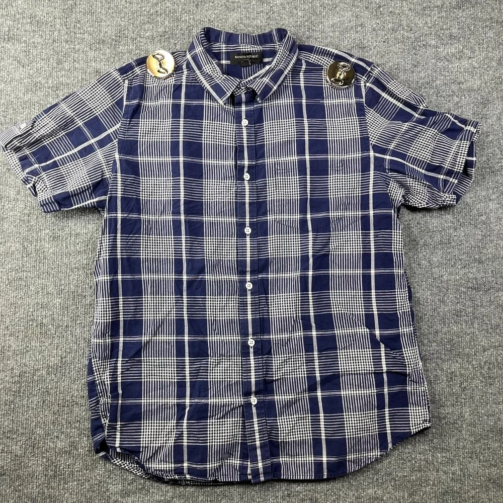 Banana Republic Button Up Short Sleeve Shirt Men Blue White Plaid Slim Fit Large